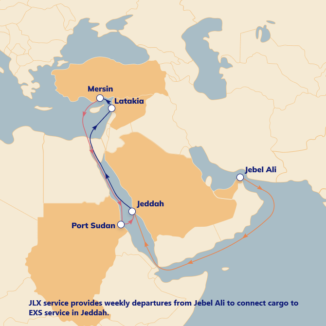 خدمة جي ال اكس – من جبل علي إلى اللاذقية اكسبريس خط كايروس للشحن البحري يقدم خدمة مخصصة أسبوعية من جبل علي إلى اللاذقية